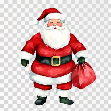 Santa Claus with gift bag, cute Christmas clipart, watercolor illustration, bright colors, isolated on white background   pkmg2ei