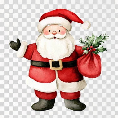 Santa Claus with gift bag, cute Christmas clipart, watercolor illustration, bright colors, isolated on white background   pkmg2ei