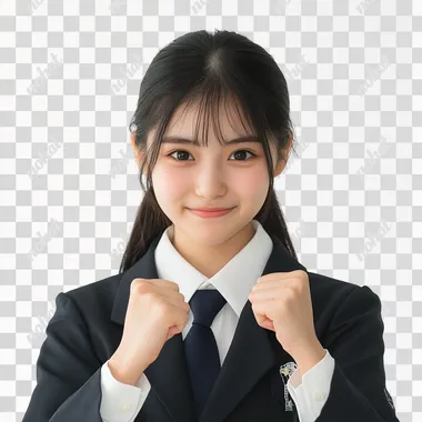 Entrance ceremony, 16-year-old Sayaka, high school student, uniform, smiling, fist pump, close-up, no background, white background, high-resolution photo