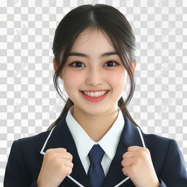 Entrance ceremony, 16-year-old Sayaka, high school student, uniform, smiling, fist pump, close-up, no background, white background, high-resolution photo