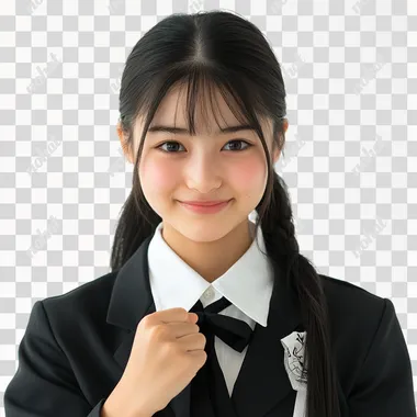 Entrance ceremony, 16-year-old Sayaka, high school student, uniform, smiling, fist pump, close-up, no background, white background, high-resolution photo