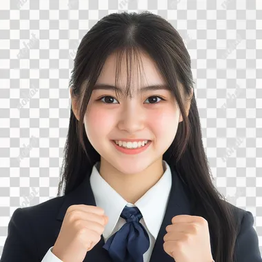 Entrance ceremony, 16-year-old Sayaka, high school student, uniform, smiling, fist pump, close-up, no background, white background, high-resolution photo