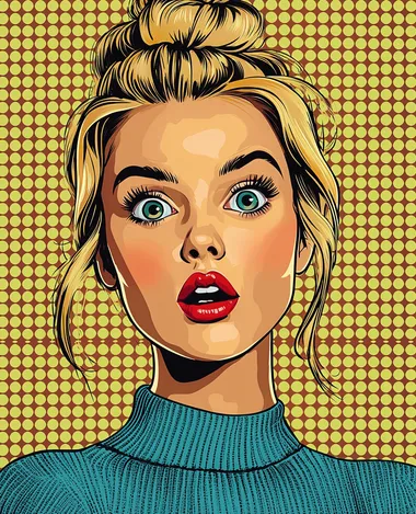 A pop art-inspired portrait of a blonde woman with a bun hairstyle and red lips, depicted in a comic book style. She is looking directly at the camera with a surprised facial expression. The background features a pop art-style polka dot pattern.   --s 250