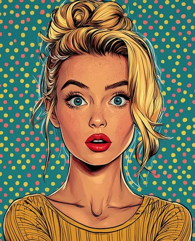 A pop art-inspired portrait of a blonde woman with a bun hairstyle and red lips, depicted in a comic book style. She is looking directly at the camera with a surprised facial expression. The background features a pop art-style polka dot pattern.   --s 250