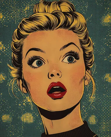 A pop art-inspired portrait of a blonde woman with a bun hairstyle and red lips, depicted in a comic book style. She is looking directly at the camera with a surprised facial expression. The background features a pop art-style polka dot pattern.   --s 250