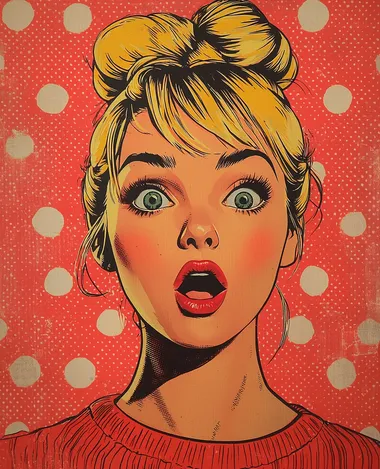 A pop art-inspired portrait of a blonde woman with a bun hairstyle and red lips, depicted in a comic book style. She is looking directly at the camera with a surprised facial expression. The background features a pop art-style polka dot pattern.   --s 250