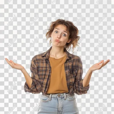 Confused woman Shrugging Shoulders Over White Background, modern clothes