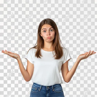 Confused woman Shrugging Shoulders Over White Background, modern clothes