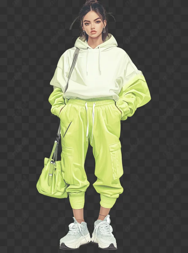 PNG Fashion Girl in Streetwear: Lime Cream Hoodie and Neon Joggers Outfit