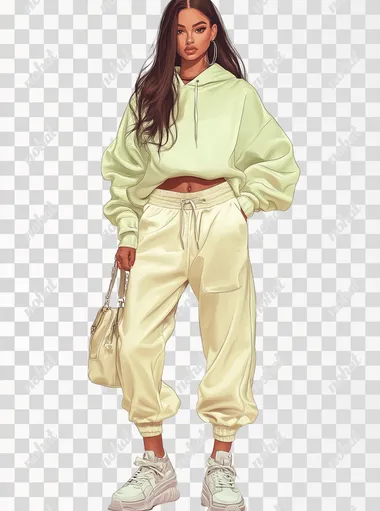 Fashion girl full body Streetwear Edge A cropped lime cream hoodie, high-waisted joggers, chunky sneakers, and a crossbody bag. clipart on white background, digital glossy airbrushed illustration