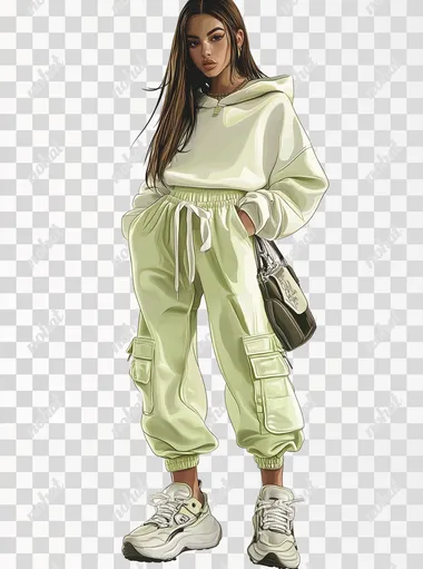 Fashion girl full body Streetwear Edge A cropped lime cream hoodie, high-waisted joggers, chunky sneakers, and a crossbody bag. clipart on white background, digital glossy airbrushed illustration