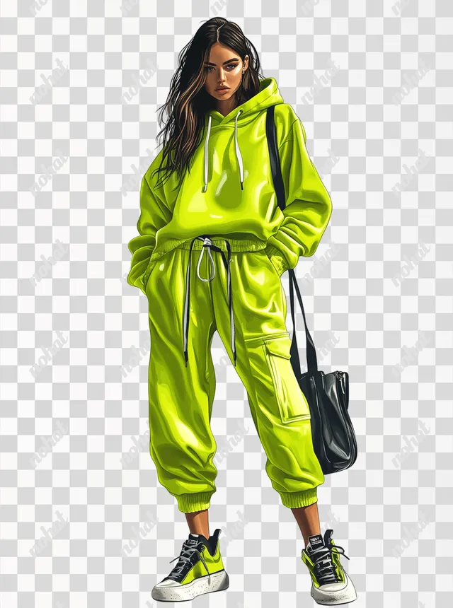 PNG Fashion Girl in Neon Green Streetwear Outfit in Urban Setting