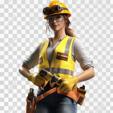A highly photorealistic image of a female construction worker wearing a yellow safety vest, a protective helmet, and safety goggles. She is holding a power drill in one hand, standing confidently. Isolate the worker on a plain white background, ensuring all details such as her gloves, tool belt, and clothing appear extremely realistic and lifelike, with fine textures and lighting.