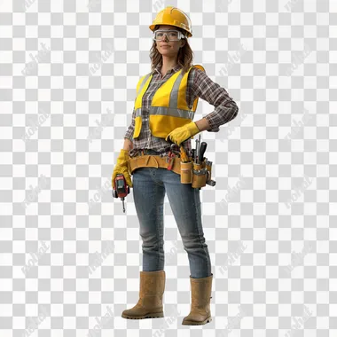 A highly photorealistic image of a female construction worker wearing a yellow safety vest, a protective helmet, and safety goggles. She is holding a power drill in one hand, standing confidently. Isolate the worker on a plain white background, ensuring all details such as her gloves, tool belt, and clothing appear extremely realistic and lifelike, with fine textures and lighting.