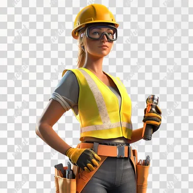 A highly photorealistic image of a female construction worker wearing a yellow safety vest, a protective helmet, and safety goggles. She is holding a power drill in one hand, standing confidently. Isolate the worker on a plain white background, ensuring all details such as her gloves, tool belt, and clothing appear extremely realistic and lifelike, with fine textures and lighting.