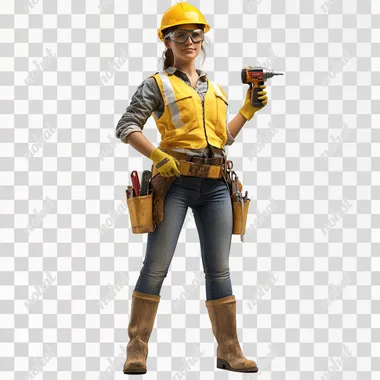 A highly photorealistic image of a female construction worker wearing a yellow safety vest, a protective helmet, and safety goggles. She is holding a power drill in one hand, standing confidently. Isolate the worker on a plain white background, ensuring all details such as her gloves, tool belt, and clothing appear extremely realistic and lifelike, with fine textures and lighting.