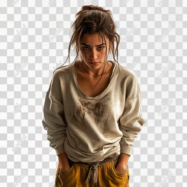 A tired woman standing, slouched posture, dark circles under her eyes, disheveled hair, wearing casual clothes, exhausted expression, realistic textures, hyper-detailed face, neutral body language, minimal shadows, centered composition, white background for easy background removal