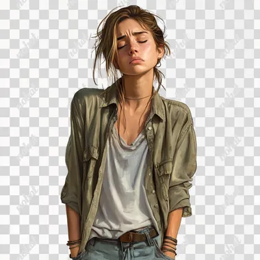 A tired woman standing, slouched posture, dark circles under her eyes, disheveled hair, wearing casual clothes, exhausted expression, realistic textures, hyper-detailed face, neutral body language, minimal shadows, centered composition, white background for easy background removal