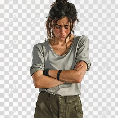 A tired woman standing, slouched posture, dark circles under her eyes, disheveled hair, wearing casual clothes, exhausted expression, realistic textures, hyper-detailed face, neutral body language, minimal shadows, centered composition, white background for easy background removal