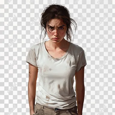 A tired woman standing, slouched posture, dark circles under her eyes, disheveled hair, wearing casual clothes, exhausted expression, realistic textures, hyper-detailed face, neutral body language, minimal shadows, centered composition, white background for easy background removal