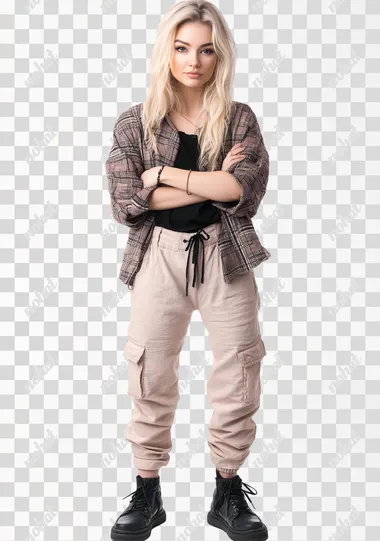 full body create a hyper-realistic photo of a 25-year-old girl with blond hair on white background, dressed in stylish clothes