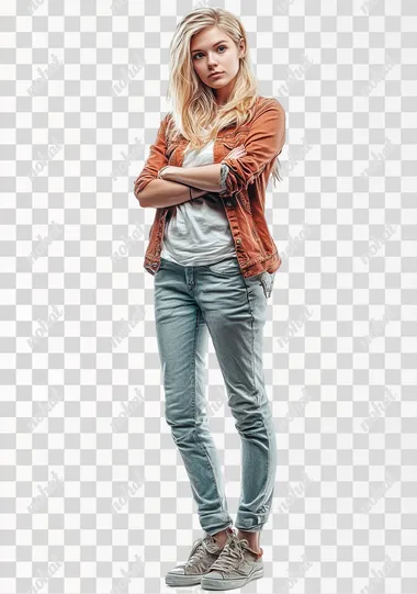 full body create a hyper-realistic photo of a 25-year-old girl with blond hair on white background, dressed in stylish clothes