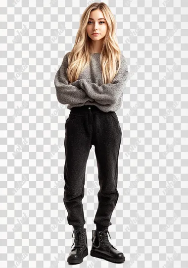 full body create a hyper-realistic photo of a 25-year-old girl with blond hair on white background, dressed in stylish clothes