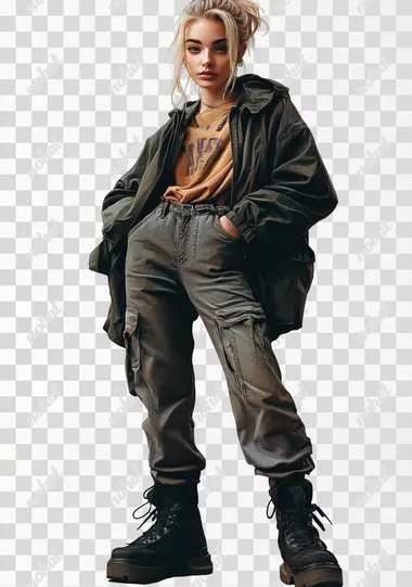 full body create a hyper-realistic photo of a 25-year-old girl with blond hair on white background, dressed in stylish clothes