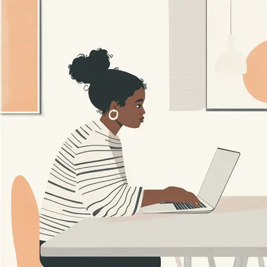 illustration of an African American woman with her hair in buns, working on a laptop computer, wearing a striped shirt, in an office room. The background is white with large shapes. The style uses soft pastel colors and conveys simplicity, focus, happiness, or inspiration, in the style of Chris Ware and John Holcroft for The New Yorker magazine.