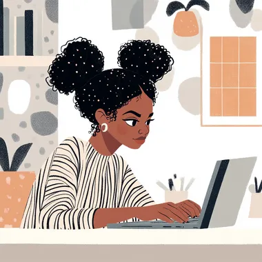 illustration of an African American woman with her hair in buns, working on a laptop computer, wearing a striped shirt, in an office room. The background is white with large shapes. The style uses soft pastel colors and conveys simplicity, focus, happiness, or inspiration, in the style of Chris Ware and John Holcroft for The New Yorker magazine.