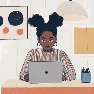 illustration of an African American woman with her hair in buns, working on a laptop computer, wearing a striped shirt, in an office room. The background is white with large shapes. The style uses soft pastel colors and conveys simplicity, focus, happiness, or inspiration, in the style of Chris Ware and John Holcroft for The New Yorker magazine.