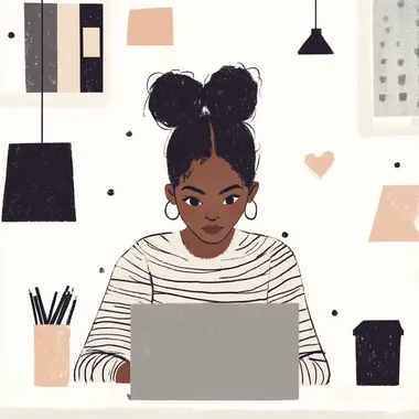 illustration of an African American woman with her hair in buns, working on a laptop computer, wearing a striped shirt, in an office room. The background is white with large shapes. The style uses soft pastel colors and conveys simplicity, focus, happiness, or inspiration, in the style of Chris Ware and John Holcroft for The New Yorker magazine.