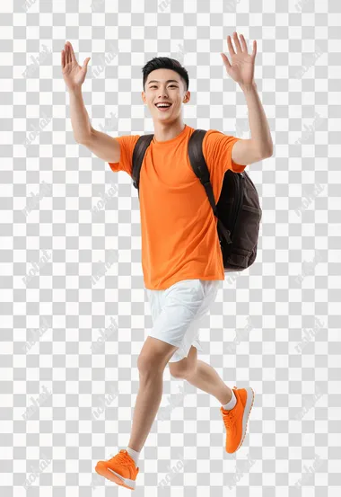 A photo of a Chinese male model, full body, handsome boy with short hair, very lively and cheerful smile, wearing a pure orange short sleeved shirt on the top, pure white shorts on the bottom, wearing orange sneakers, carrying a black backpack, waving with one arm raised, realistic photography, minimalist style, clean white background, ultra-high definition quality
