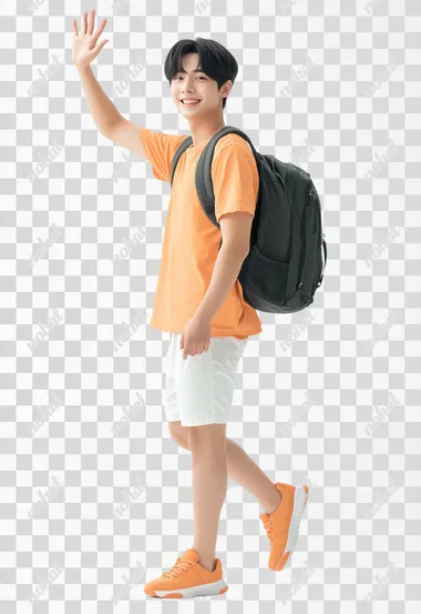 A photo of a Chinese male model, full body, handsome boy with short hair, very lively and cheerful smile, wearing a pure orange short sleeved shirt on the top, pure white shorts on the bottom, wearing orange sneakers, carrying a black backpack, waving with one arm raised, realistic photography, minimalist style, clean white background, ultra-high definition quality