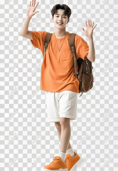 A photo of a Chinese male model, full body, handsome boy with short hair, very lively and cheerful smile, wearing a pure orange short sleeved shirt on the top, pure white shorts on the bottom, wearing orange sneakers, carrying a black backpack, waving with one arm raised, realistic photography, minimalist style, clean white background, ultra-high definition quality