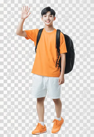 A photo of a Chinese male model, full body, handsome boy with short hair, very lively and cheerful smile, wearing a pure orange short sleeved shirt on the top, pure white shorts on the bottom, wearing orange sneakers, carrying a black backpack, waving with one arm raised, realistic photography, minimalist style, clean white background, ultra-high definition quality