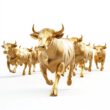 lots of golden bulls running, isolated on a white background, ultra realistic