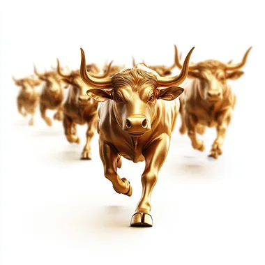 lots of golden bulls running, isolated on a white background, ultra realistic