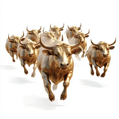 lots of golden bulls running, isolated on a white background, ultra realistic