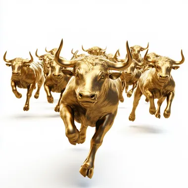 lots of golden bulls running, isolated on a white background, ultra realistic