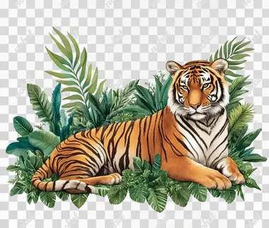 A realistic tiger in the jungle, full-body shot, white background, PNG style, sticker design, with green leaves and plants around it.  --s 50