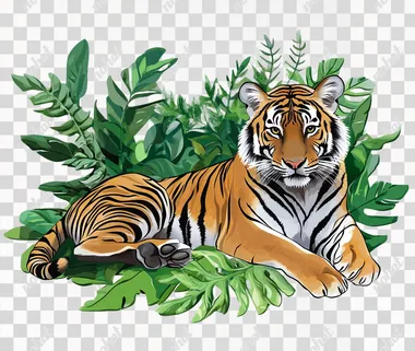 A realistic tiger in the jungle, full-body shot, white background, PNG style, sticker design, with green leaves and plants around it.  --s 50