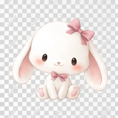 chibi-style white bunny, floppy ears, pink bow, soft smile, white background Big watery eyes  rofile ptrsg6m
