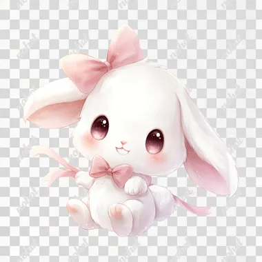 chibi-style white bunny, floppy ears, pink bow, soft smile, white background Big watery eyes  rofile ptrsg6m