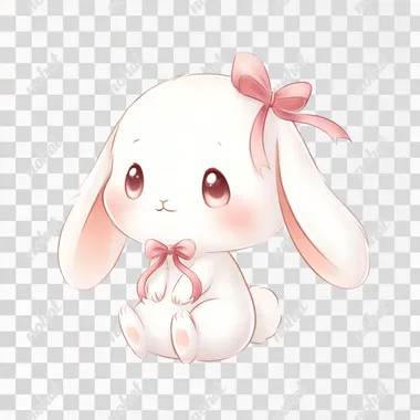 chibi-style white bunny, floppy ears, pink bow, soft smile, white background Big watery eyes  rofile ptrsg6m