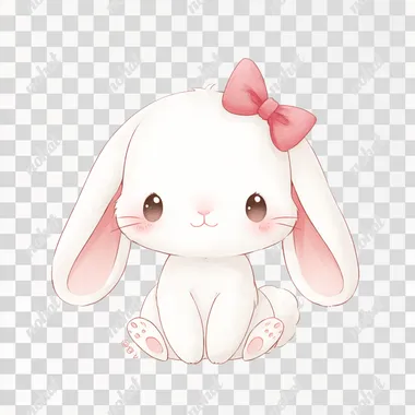 chibi-style white bunny, floppy ears, pink bow, soft smile, white background Big watery eyes  rofile ptrsg6m