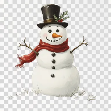 Full-body cartoon-style depiction of a cheerful snowman, standing on a pure white background with no snow beneath or around him, ensuring his entire body, including the base, is fully visible. He is made of three perfectly round snowballs, with a large, friendly smile and expressive eyes. Wearing a bright red scarf with detailed folds, a black top hat with a festive holly decoration, and classic coal buttons. His stick arms are raised playfully, and he holds a whimsical broom in one hand. The snowman appears fully isolated, with no additional elements or shadows, giving a crisp, clean look. Highly detailed, hand-drawn illustration style, designed to appeal to young children, with a warm, festive, and enchanting holiday feel