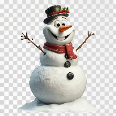 Full-body cartoon-style depiction of a cheerful snowman, standing on a pure white background with no snow beneath or around him, ensuring his entire body, including the base, is fully visible. He is made of three perfectly round snowballs, with a large, friendly smile and expressive eyes. Wearing a bright red scarf with detailed folds, a black top hat with a festive holly decoration, and classic coal buttons. His stick arms are raised playfully, and he holds a whimsical broom in one hand. The snowman appears fully isolated, with no additional elements or shadows, giving a crisp, clean look. Highly detailed, hand-drawn illustration style, designed to appeal to young children, with a warm, festive, and enchanting holiday feel