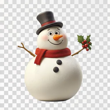 Full-body cartoon-style depiction of a cheerful snowman, standing on a pure white background with no snow beneath or around him, ensuring his entire body, including the base, is fully visible. He is made of three perfectly round snowballs, with a large, friendly smile and expressive eyes. Wearing a bright red scarf with detailed folds, a black top hat with a festive holly decoration, and classic coal buttons. His stick arms are raised playfully, and he holds a whimsical broom in one hand. The snowman appears fully isolated, with no additional elements or shadows, giving a crisp, clean look. Highly detailed, hand-drawn illustration style, designed to appeal to young children, with a warm, festive, and enchanting holiday feel