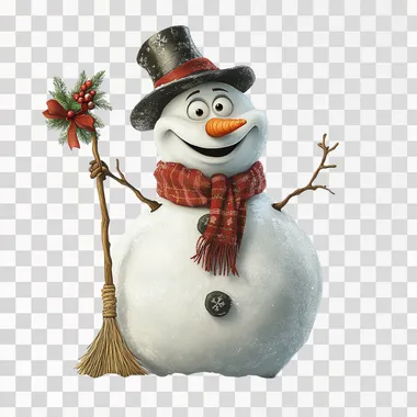 Full-body cartoon-style depiction of a cheerful snowman, standing on a pure white background with no snow beneath or around him, ensuring his entire body, including the base, is fully visible. He is made of three perfectly round snowballs, with a large, friendly smile and expressive eyes. Wearing a bright red scarf with detailed folds, a black top hat with a festive holly decoration, and classic coal buttons. His stick arms are raised playfully, and he holds a whimsical broom in one hand. The snowman appears fully isolated, with no additional elements or shadows, giving a crisp, clean look. Highly detailed, hand-drawn illustration style, designed to appeal to young children, with a warm, festive, and enchanting holiday feel